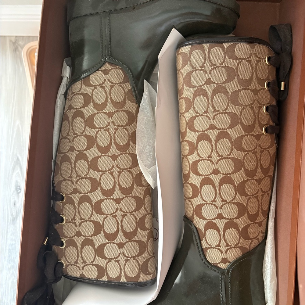 Coach Brown Signature Canvas Lace-Up Boots with Dark Brown Leather Trim